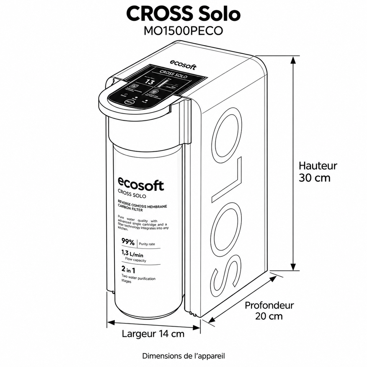 Dessin coté CROSS Solo MO1500PECO : hauteur 30 cm, largeur 14 cm, profondeur 20 cm.