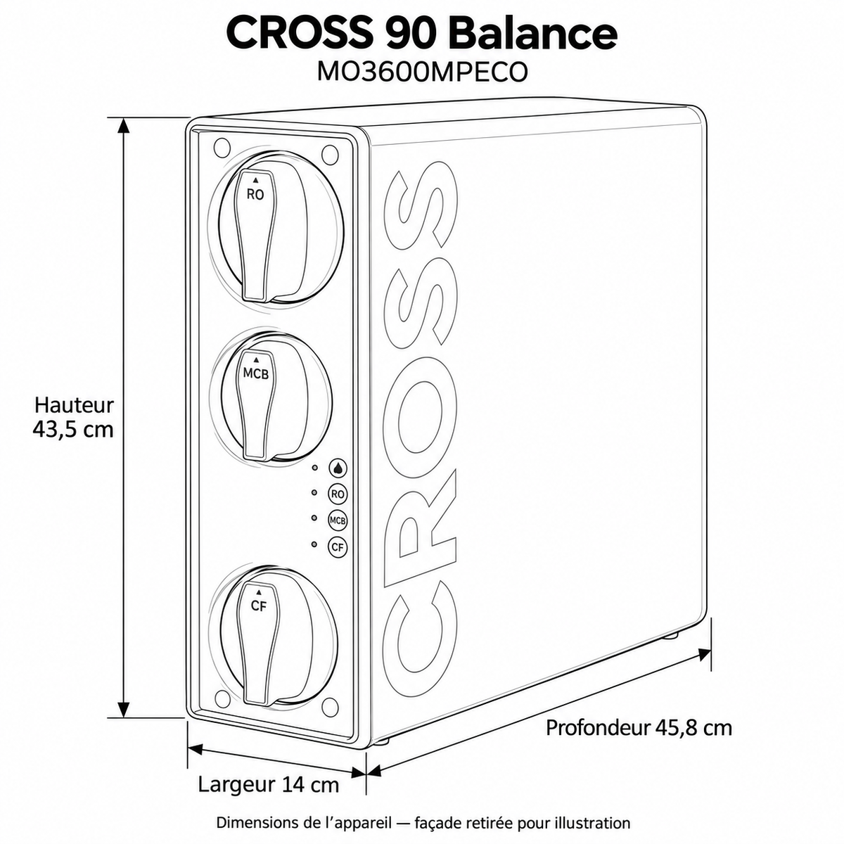 Dessin coté CROSS 90 Balance MO3600MPECO : hauteur 43,5 cm, largeur 14 cm, profondeur 45,8 cm.