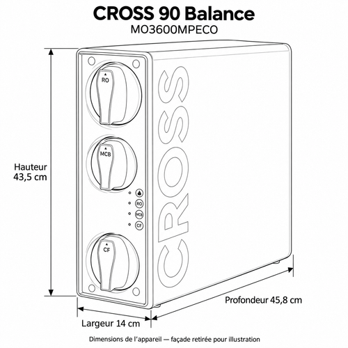 Dessin coté CROSS 90 Balance MO3600MPECO : hauteur 43,5 cm, largeur 14 cm, profondeur 45,8 cm.